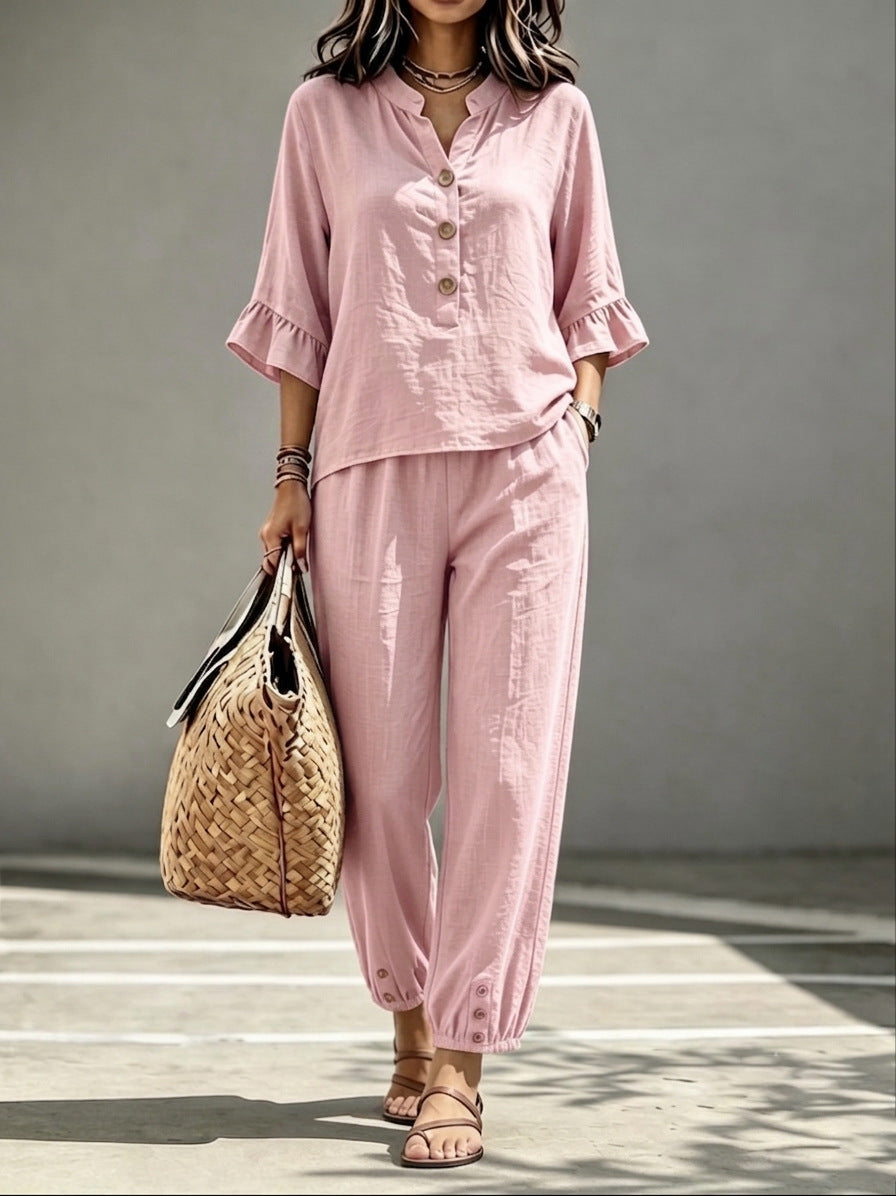 2pcs Set Women's Casual V-neck Collar Button Top Three-quarter-sleeve Top And Cropped Wide Leg Trousers Set Retro Female Office Suit - Opxy Luxe