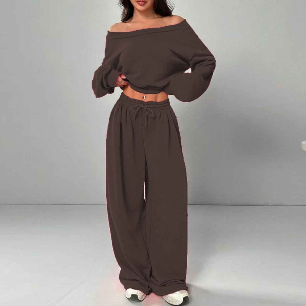 Casual 2-piece Set One-shoulder Long-sleeved Sweatshirt Women's Suit Autumn New Fashion Elastic Waist Tie Loose Sports Trousers