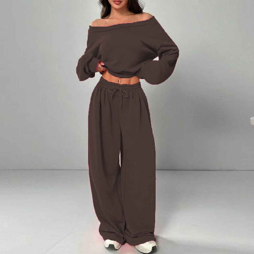 Casual 2-piece Set One-shoulder Long-sleeved Sweatshirt Women's Suit Autumn New Fashion Elastic Waist Tie Loose Sports Trousers