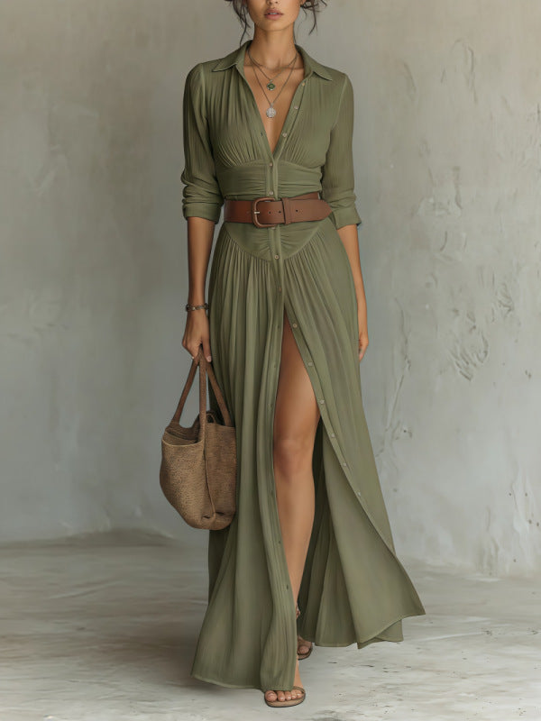 Women's Casual V-Neck Long Dress with High Side Split - Versatile Loose Fit Maxi Gown for Daily Wear - Opxy Luxe