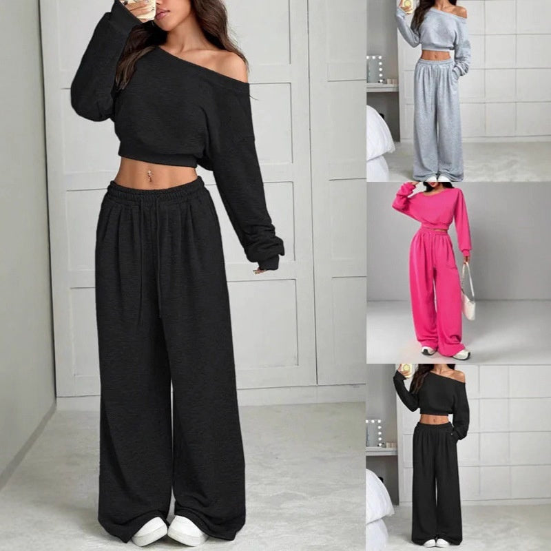 Casual 2-piece Set One-shoulder Long-sleeved Sweatshirt Women's Suit Autumn New Fashion Elastic Waist Tie Loose Sports Trousers - Opxy Luxe