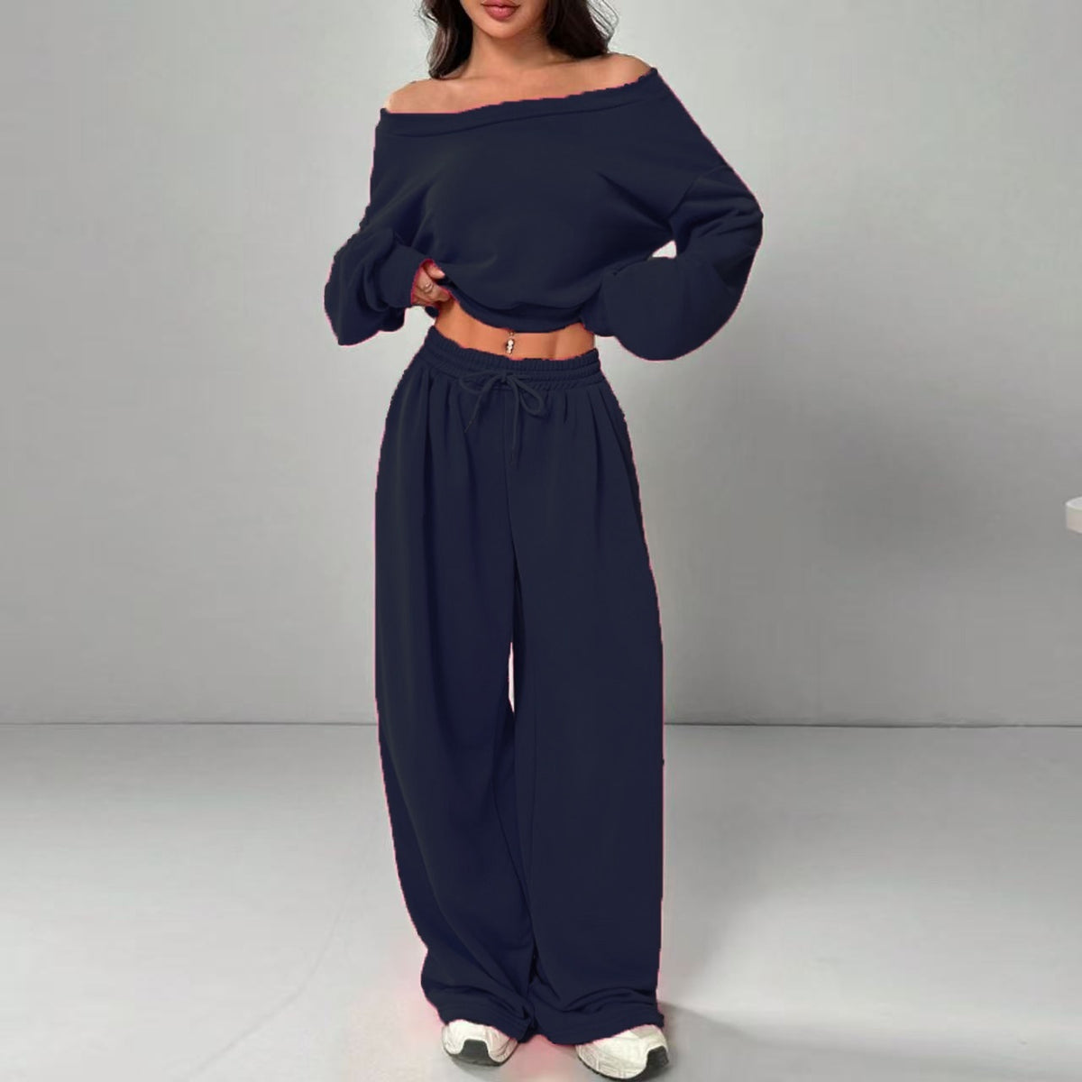Casual 2-piece Set One-shoulder Long-sleeved Sweatshirt Women's Suit Autumn New Fashion Elastic Waist Tie Loose Sports Trousers - Opxy Luxe