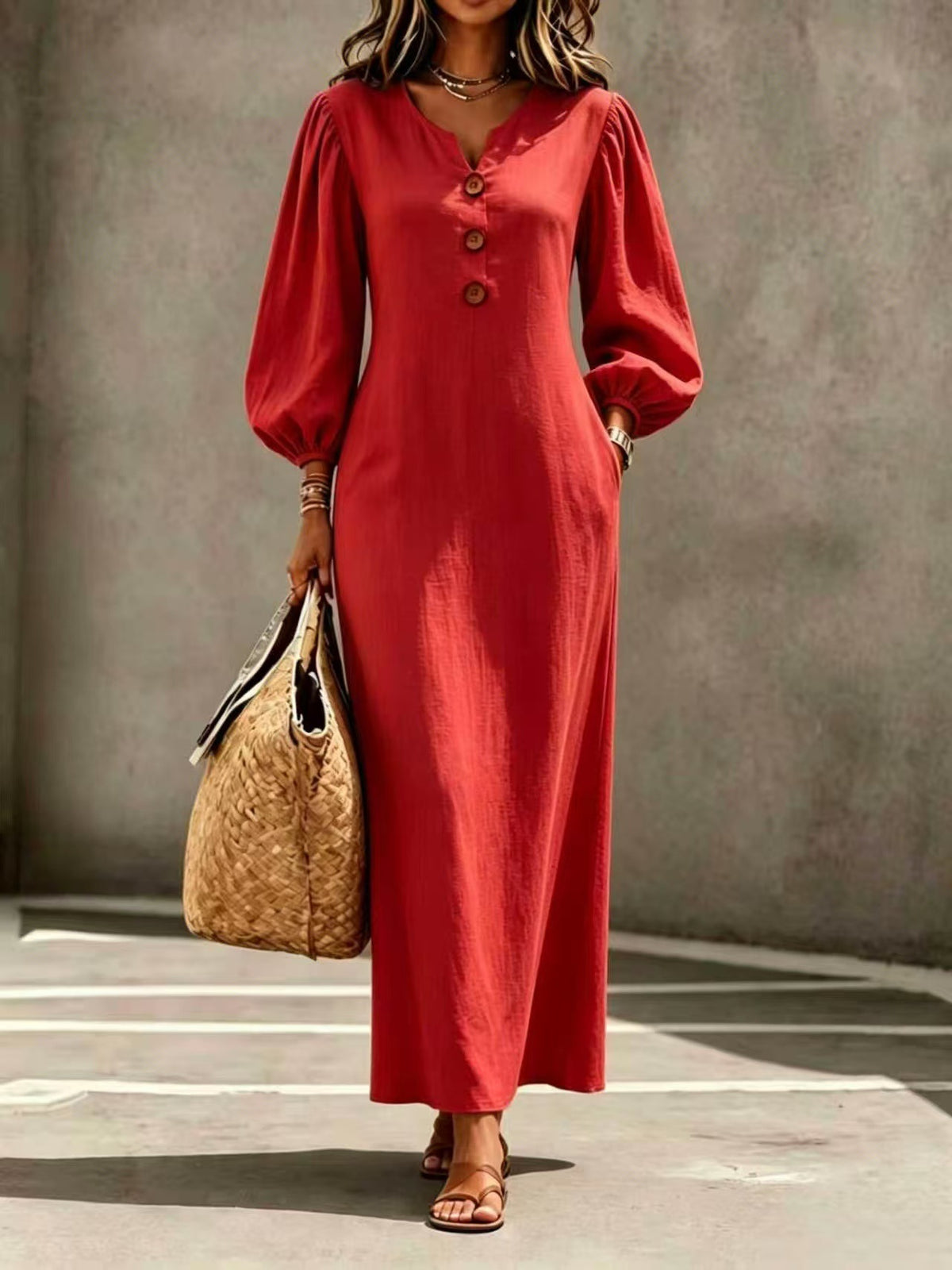 Casual V-neck Buttoned Long Dersses For Women Spring Summer Puff-sleeve A-line Dress For Daily Wear Vacation Outfits - Opxy Luxe