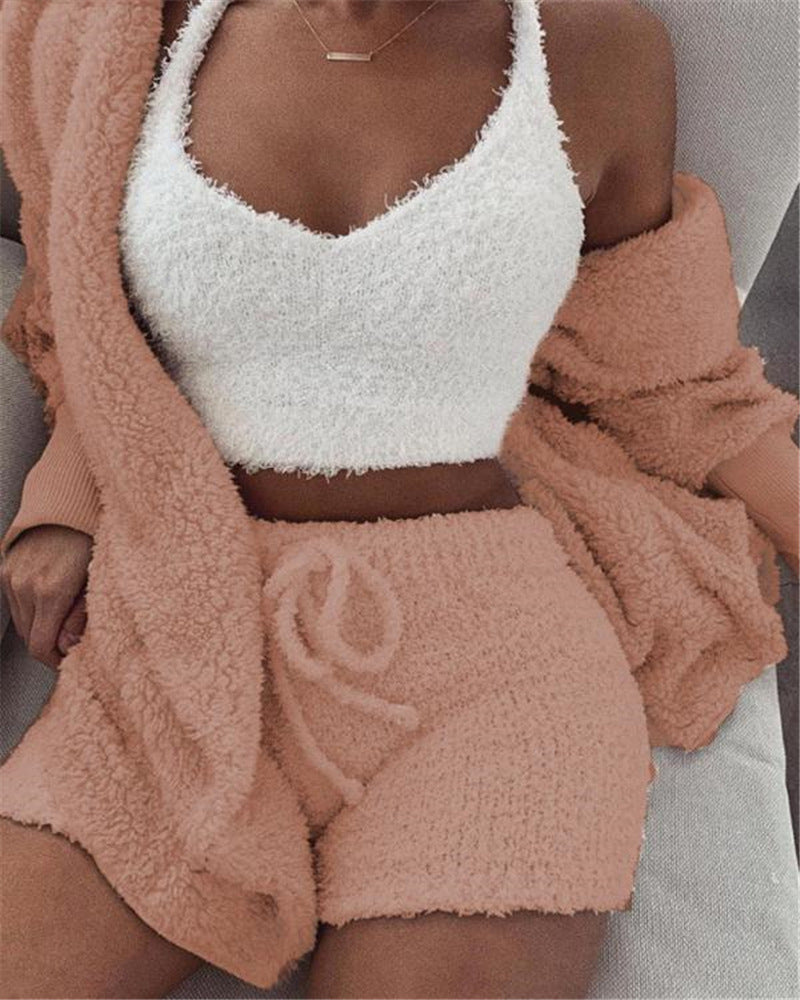 3pcs Womens Clothing Long Sleeve Crop Tank Top And Drawstring Shorts Pajama Set - Opxy Luxe