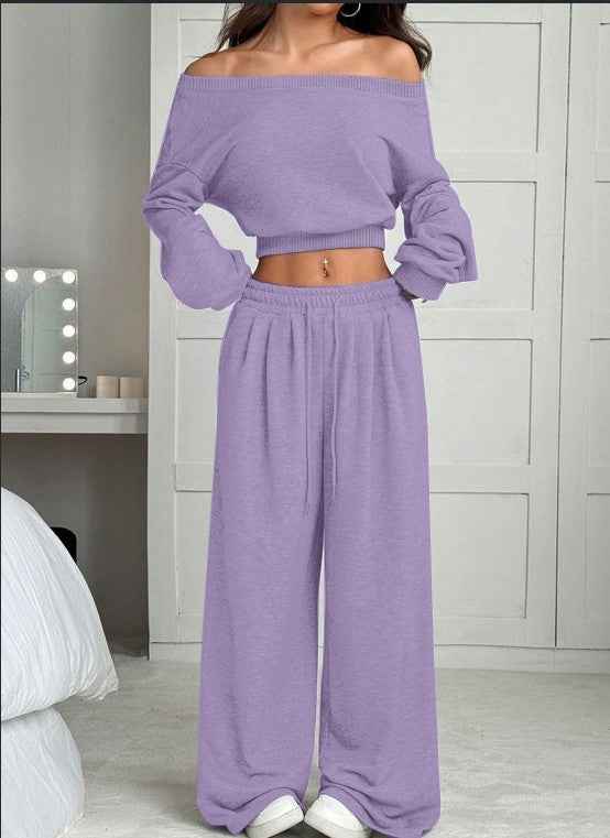Casual 2-piece Set One-shoulder Long-sleeved Sweatshirt Women's Suit Autumn New Fashion Elastic Waist Tie Loose Sports Trousers