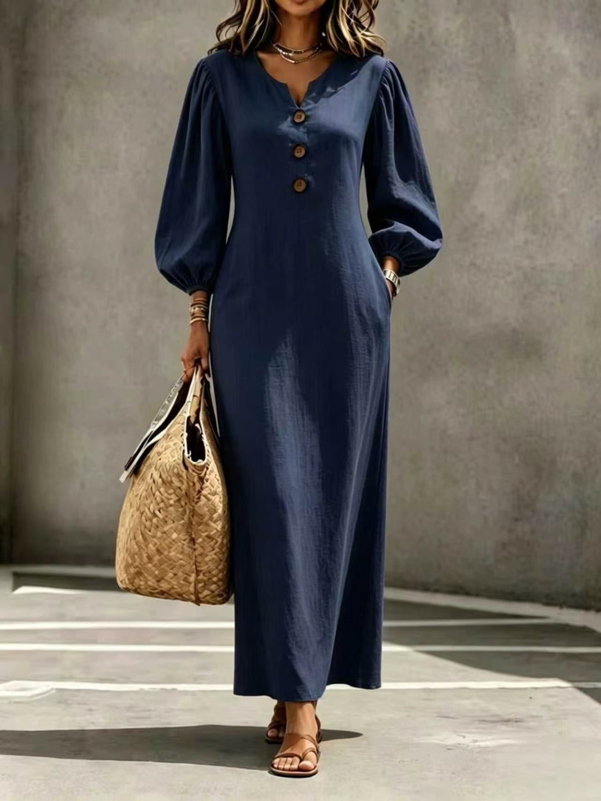 Casual V-neck Buttoned Long Dersses For Women Spring Summer Puff-sleeve A-line Dress For Daily Wear Vacation Outfits - Opxy Luxe