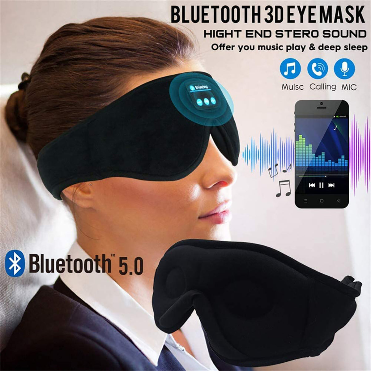 Wireless Bluetooth Stereo Music Eye Mask - Blackout Sleep Mask with Built-in Speakers for Side Sleepers Travel Relaxation - Opxy Luxe