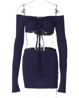 Drawstring Drop Ruched Off Shoulder Two-piece Skirt Set Y2K Long Sleeve Top & Bodycon Skirt Outfits Women's Clothing - Opxy Luxe