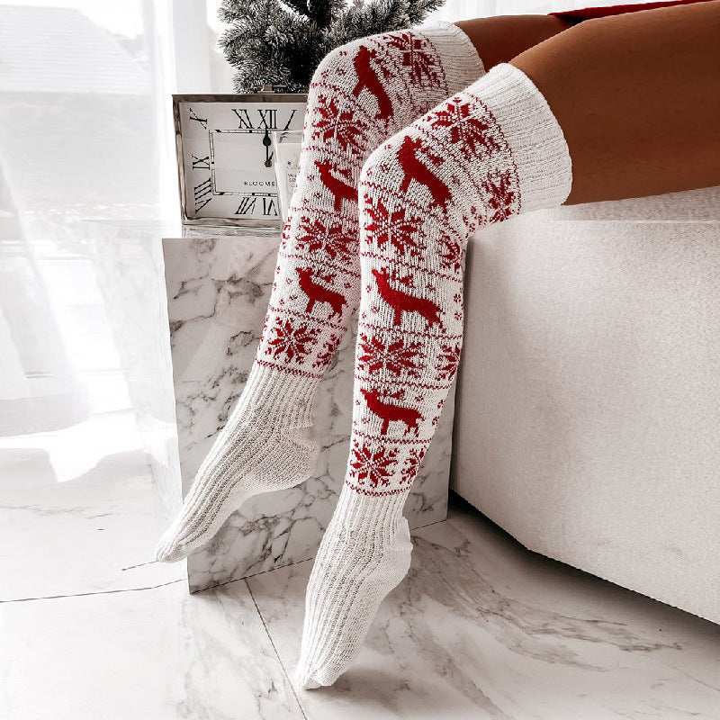 Winter Christmas Warm Knitted Women Stocking Beautiful Elk Snowflake Jacquard Over-the-knee Casual Long Socks For Ladies Gifts Free Size - Opxy Luxe