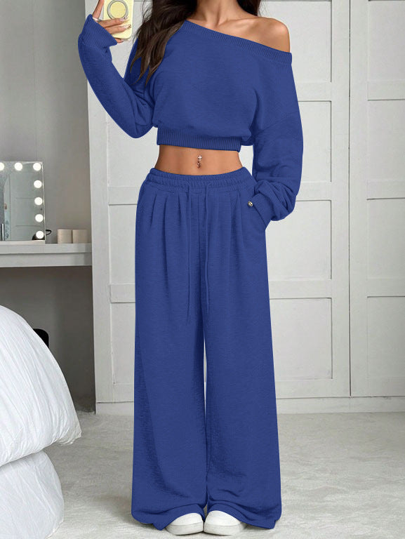 Casual 2-piece Set One-shoulder Long-sleeved Sweatshirt Women's Suit Autumn New Fashion Elastic Waist Tie Loose Sports Trousers - Opxy Luxe