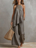 Sleeveless Suits Casual Crew Neck Vest And Long Pants Set Two Piece Lounge Outfit For Women - Opxy Luxe