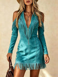 Retro Western Style Dress Tassel Zipper Front Fringe V-neck Women's Slim Fit Wrap Dress - Opxy Luxe