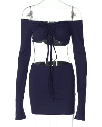Drawstring Drop Ruched Off Shoulder Two-piece Skirt Set Y2K Long Sleeve Top & Bodycon Skirt Outfits Women's Clothing - Opxy Luxe