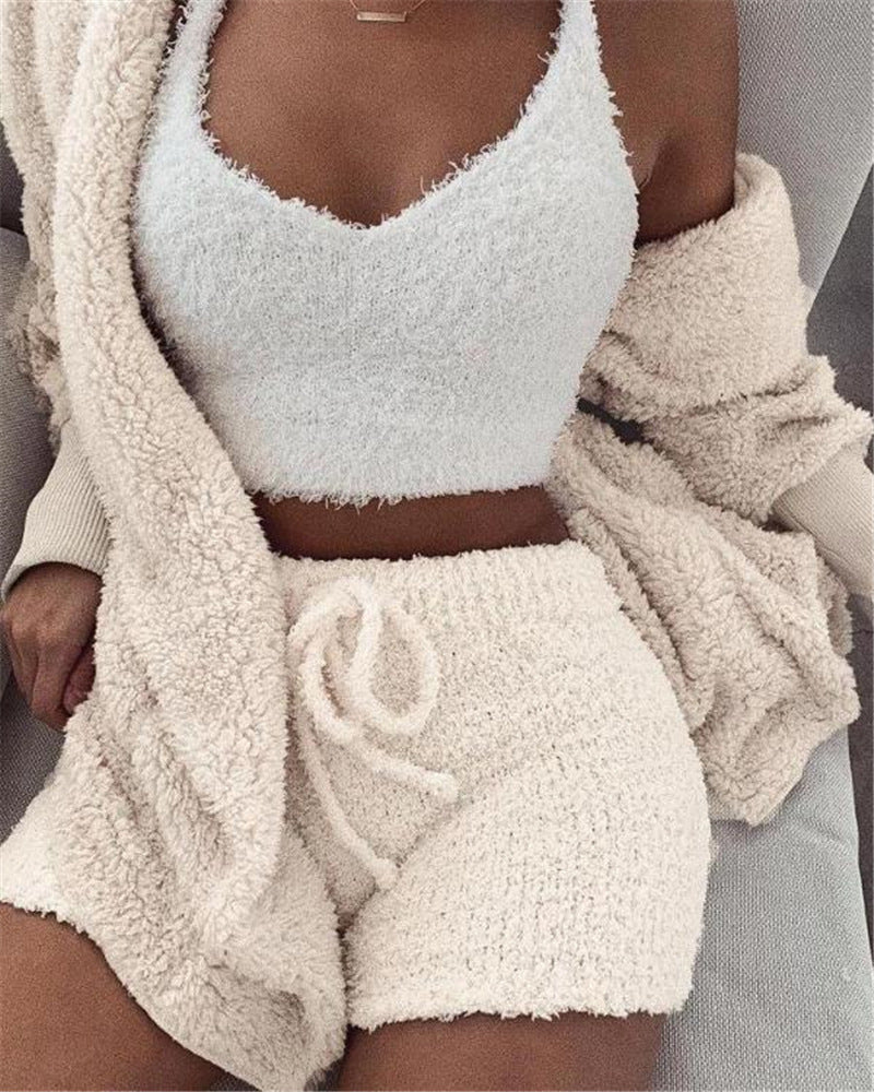 3pcs Womens Clothing Long Sleeve Crop Tank Top And Drawstring Shorts Pajama Set - Opxy Luxe