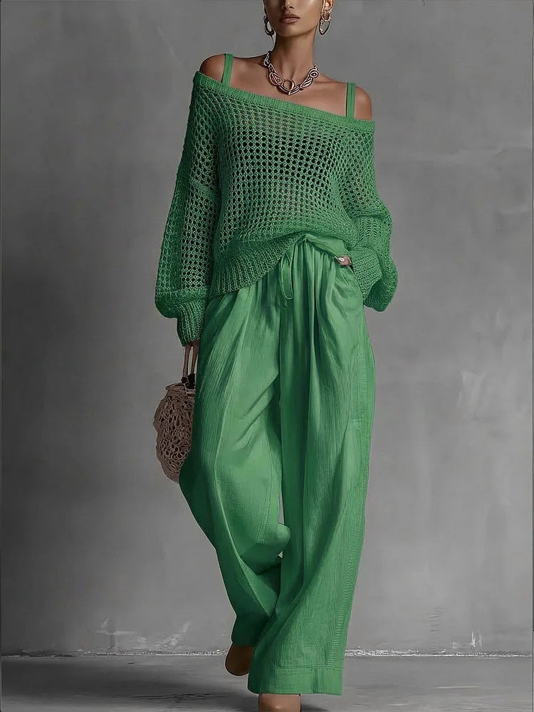 Hollow-Out Knitted Suits Women Loose Pullover Top And Drawstring Straight-leg Pants Casual Two-Piece Set Outfit - Opxy Luxe