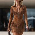 Womens Fashionable Casual Long-Sleeve Dress With Tassels Long Sleeve Suede Fringe Slim Fit Dress Western Cowboy Style Midi Length Dresses - Opxy Luxe