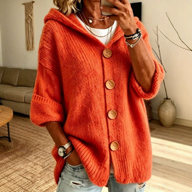 Women's Solid Color Hooded Cardigan Sweater Casual Long Sleeve Button Down Knit Top - Opxy Luxe
