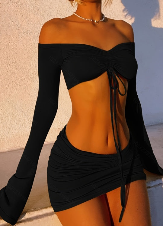 Drawstring Drop Ruched Off Shoulder Two-piece Skirt Set Y2K Long Sleeve Top & Bodycon Skirt Outfits Women's Clothing - Opxy Luxe
