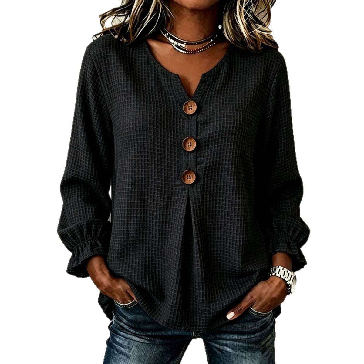 Casual Waffle V Neck Blouse Spring Autumn Women Wooden Button Ruffle Cuff Long Sleeve Loose Casual Tops - Opxy Luxe