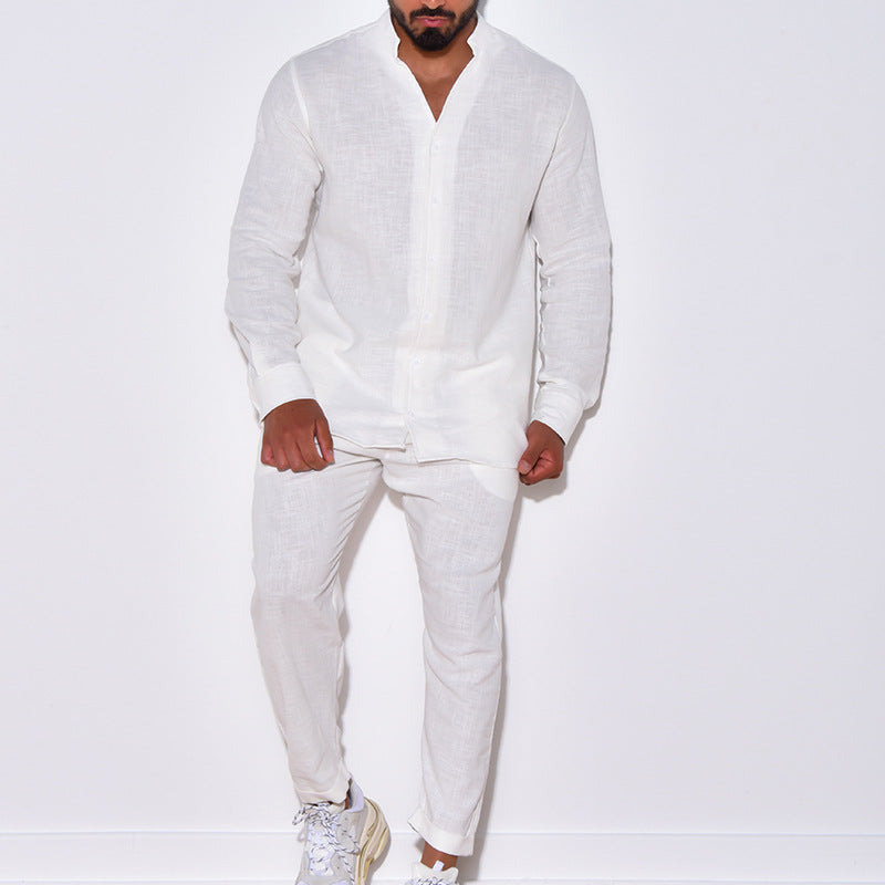 Men's Long Sleeve Suits Solid Color V-neck Pullover Tops And Straight Pants Casual Two Piece Set For Daily Wear Clothing - Opxy Luxe