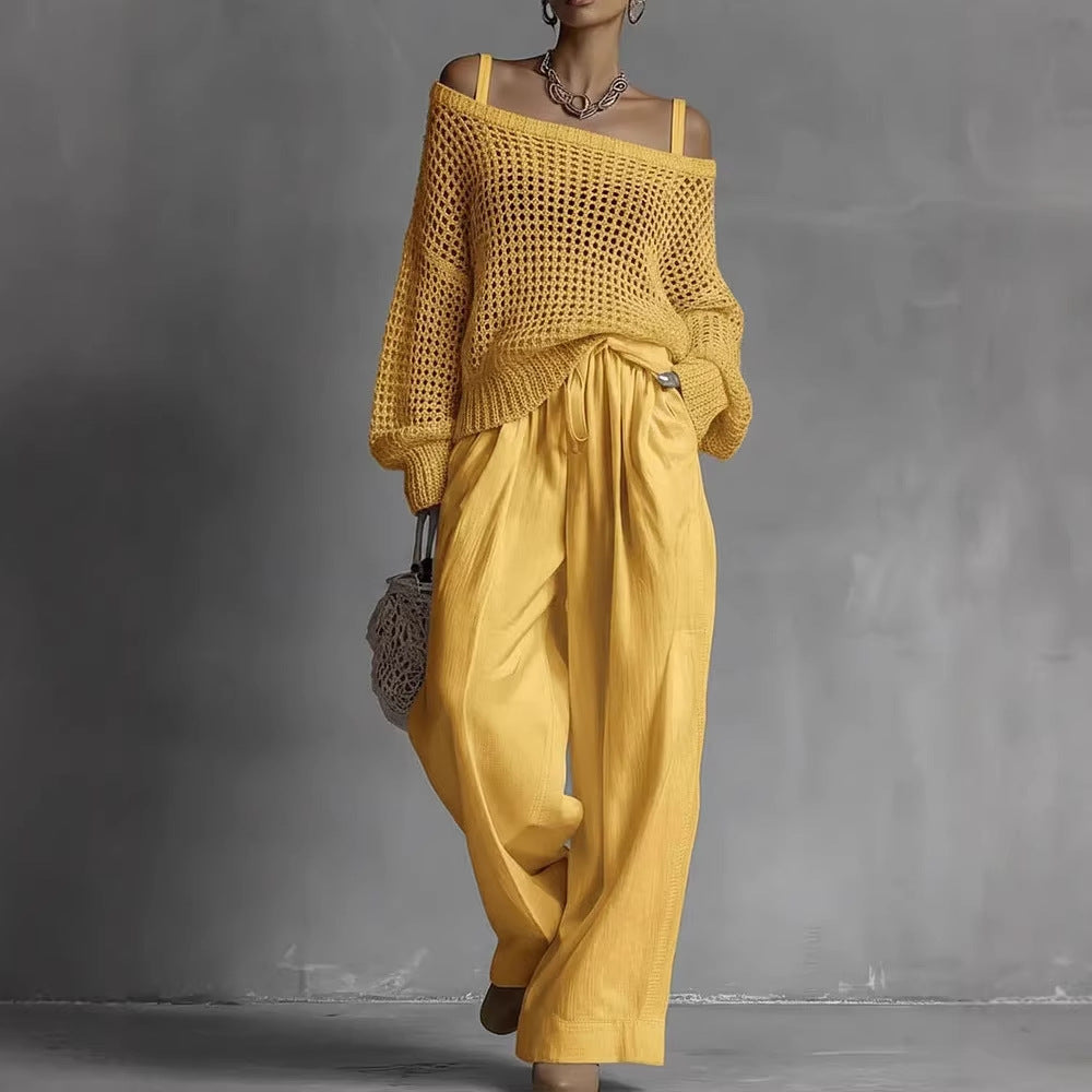 Hollow-Out Knitted Suits Women Loose Pullover Top And Drawstring Straight-leg Pants Casual Two-Piece Set Outfit - Opxy Luxe