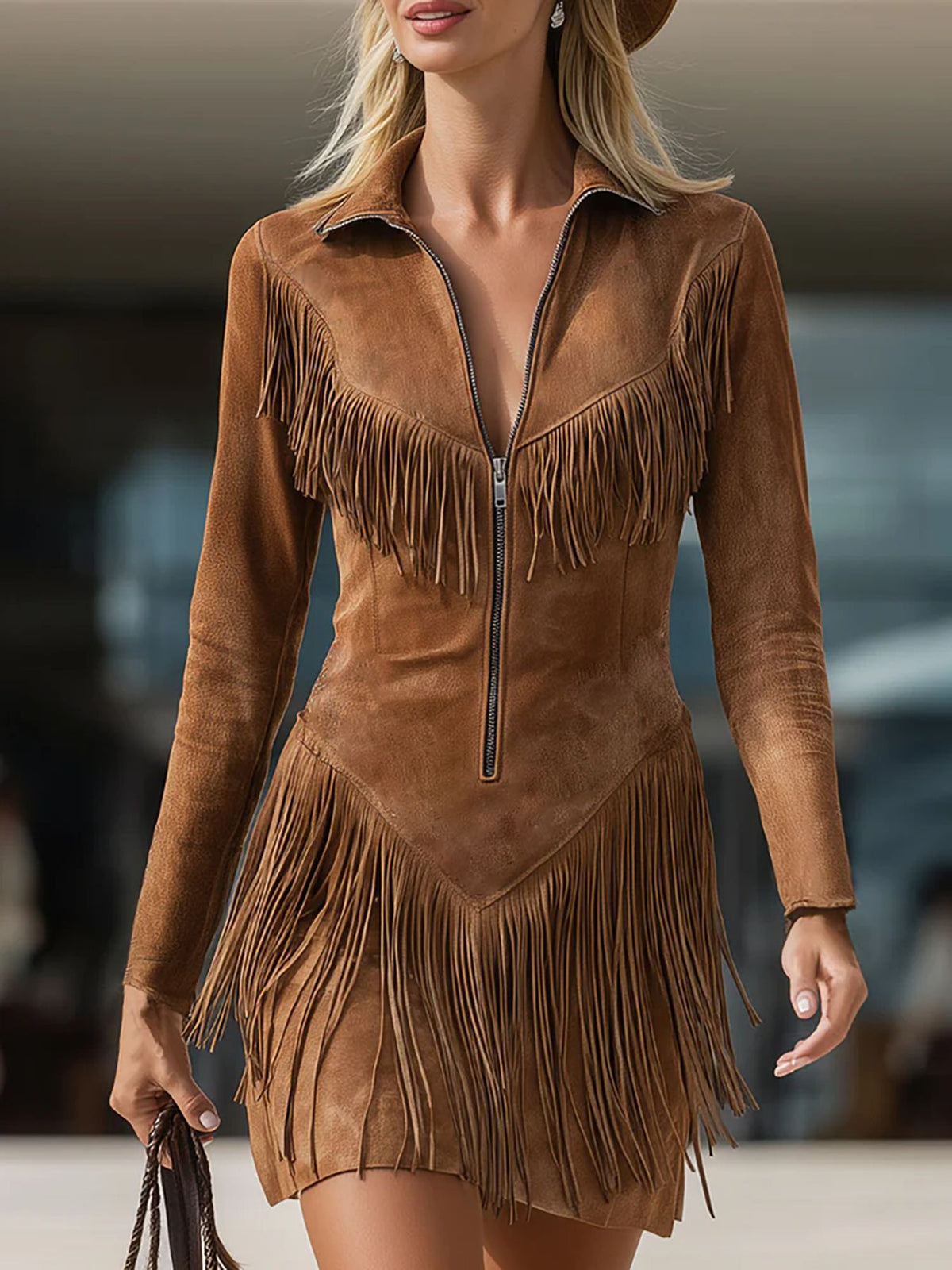 Womens Fashionable Casual Long-Sleeve Dress With Tassels Long Sleeve Suede Fringe Slim Fit Dress Western Cowboy Style Midi Length Dresses - Opxy Luxe