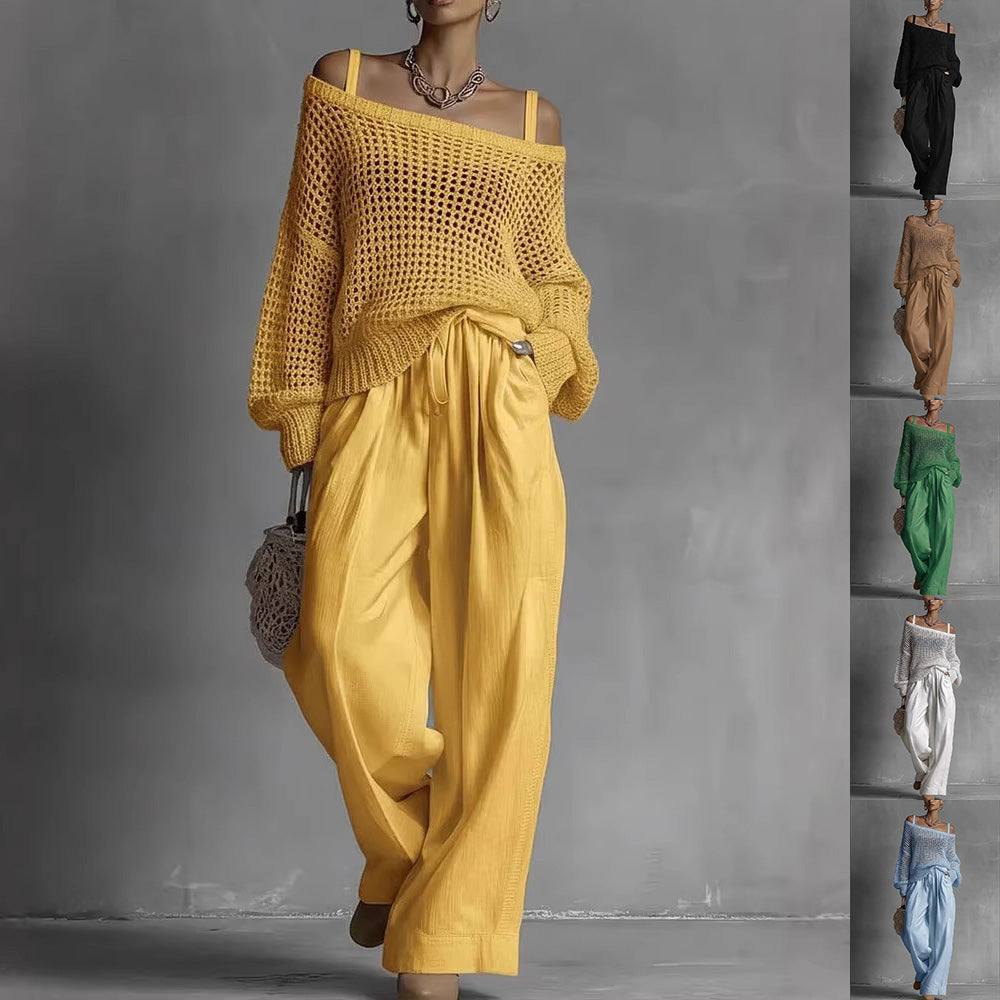 Hollow-Out Knitted Suits Women Loose Pullover Top And Drawstring Straight-leg Pants Casual Two-Piece Set Outfit - Opxy Luxe