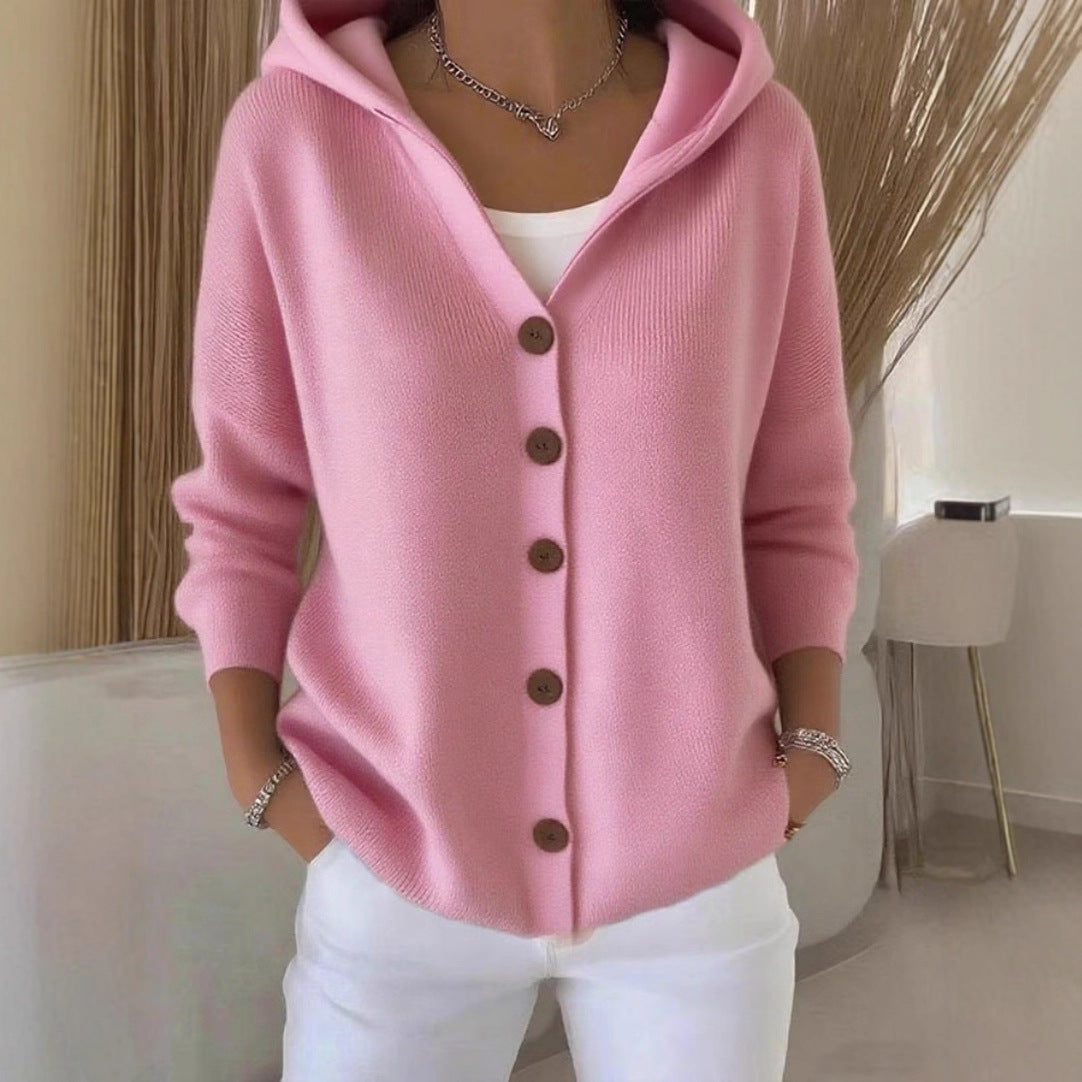 Ins Button Hooded Sweater Fashion Autumn And Winter Knitted Cardigan Casual Commuter Long Sleeve Top Women's Clothing - Opxy Luxe