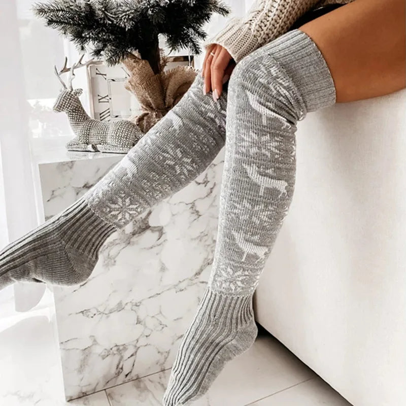 Winter Christmas Warm Knitted Women Stocking Beautiful Elk Snowflake Jacquard Over-the-knee Casual Long Socks For Ladies Gifts Free Size - Opxy Luxe
