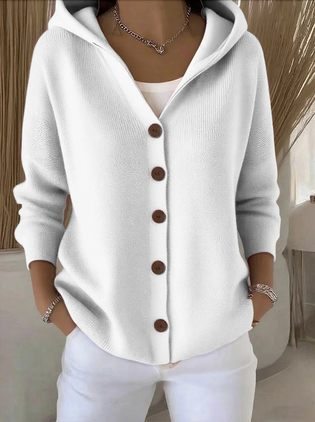 Ins Button Hooded Sweater Fashion Autumn And Winter Knitted Cardigan Casual Commuter Long Sleeve Top Women's Clothing - Opxy Luxe