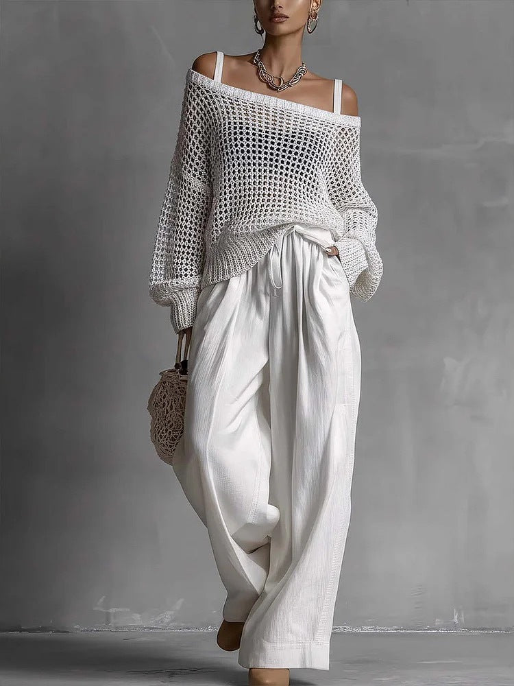Hollow-Out Knitted Suits Women Loose Pullover Top And Drawstring Straight-leg Pants Casual Two-Piece Set Outfit - Opxy Luxe