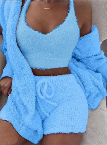 3pcs Womens Clothing Long Sleeve Crop Tank Top And Drawstring Shorts Pajama Set - Opxy Luxe