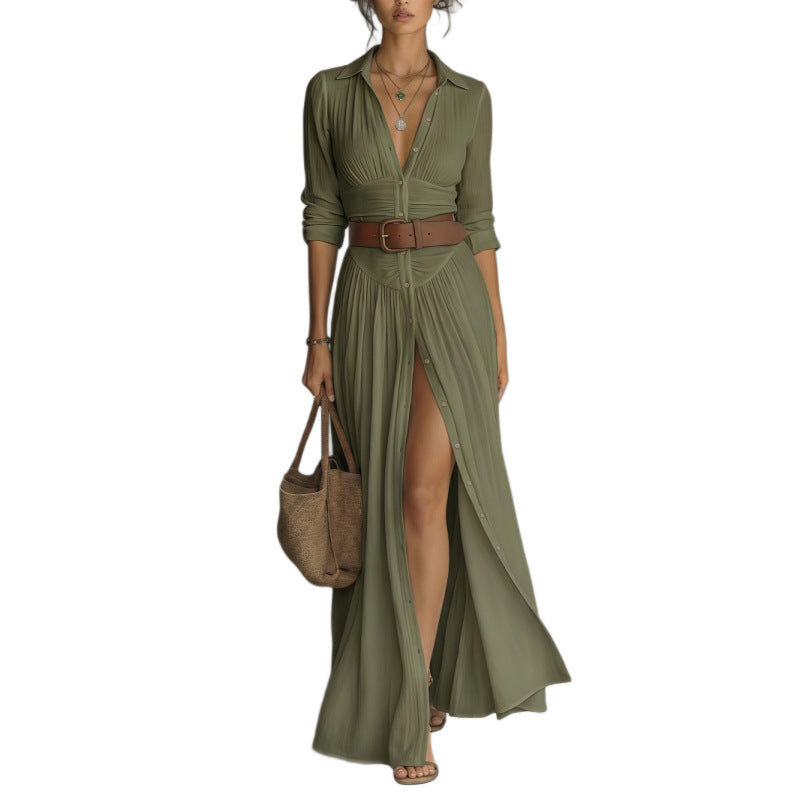 Women's Casual V-Neck Long Dress with High Side Split - Versatile Loose Fit Maxi Gown for Daily Wear - Opxy Luxe