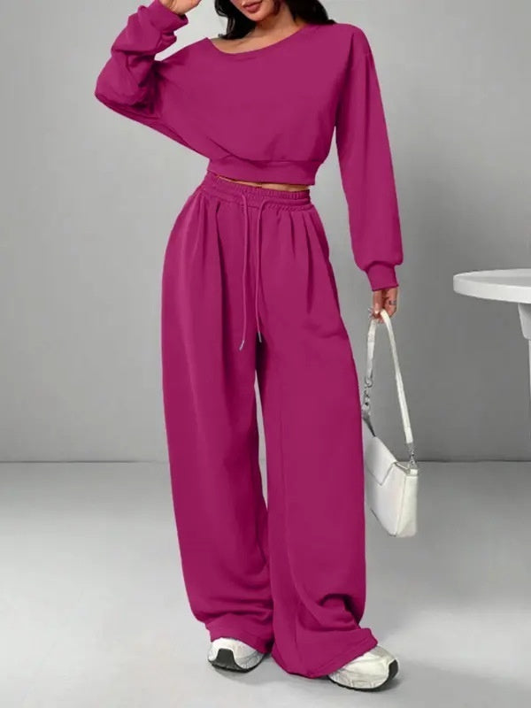 Casual 2-piece Set One-shoulder Long-sleeved Sweatshirt Women's Suit Autumn New Fashion Elastic Waist Tie Loose Sports Trousers - Opxy Luxe