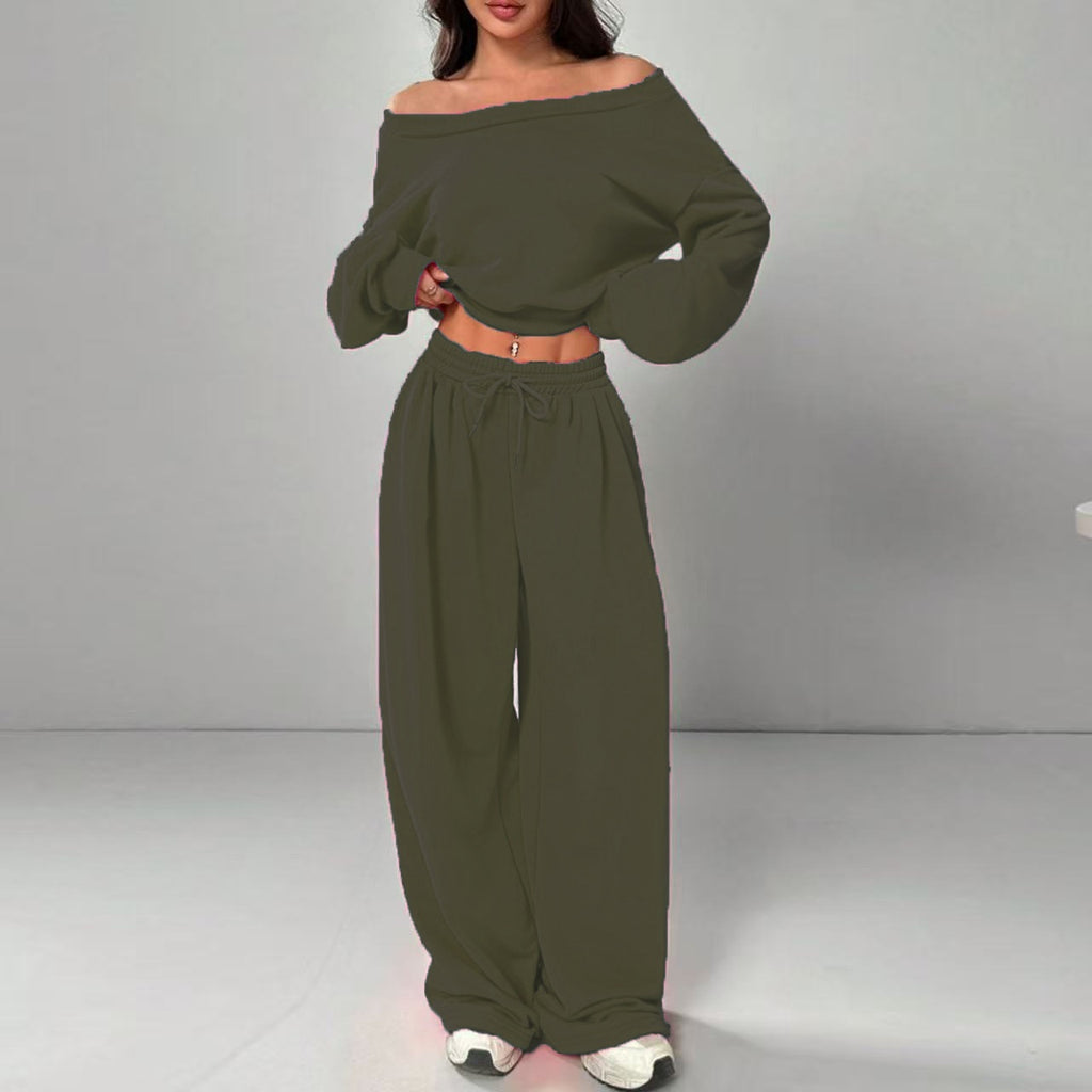 Casual 2-piece Set One-shoulder Long-sleeved Sweatshirt Women's Suit Autumn New Fashion Elastic Waist Tie Loose Sports Trousers - Opxy Luxe