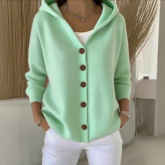 Ins Button Hooded Sweater Fashion Autumn And Winter Knitted Cardigan Casual Commuter Long Sleeve Top Women's Clothing - Opxy Luxe