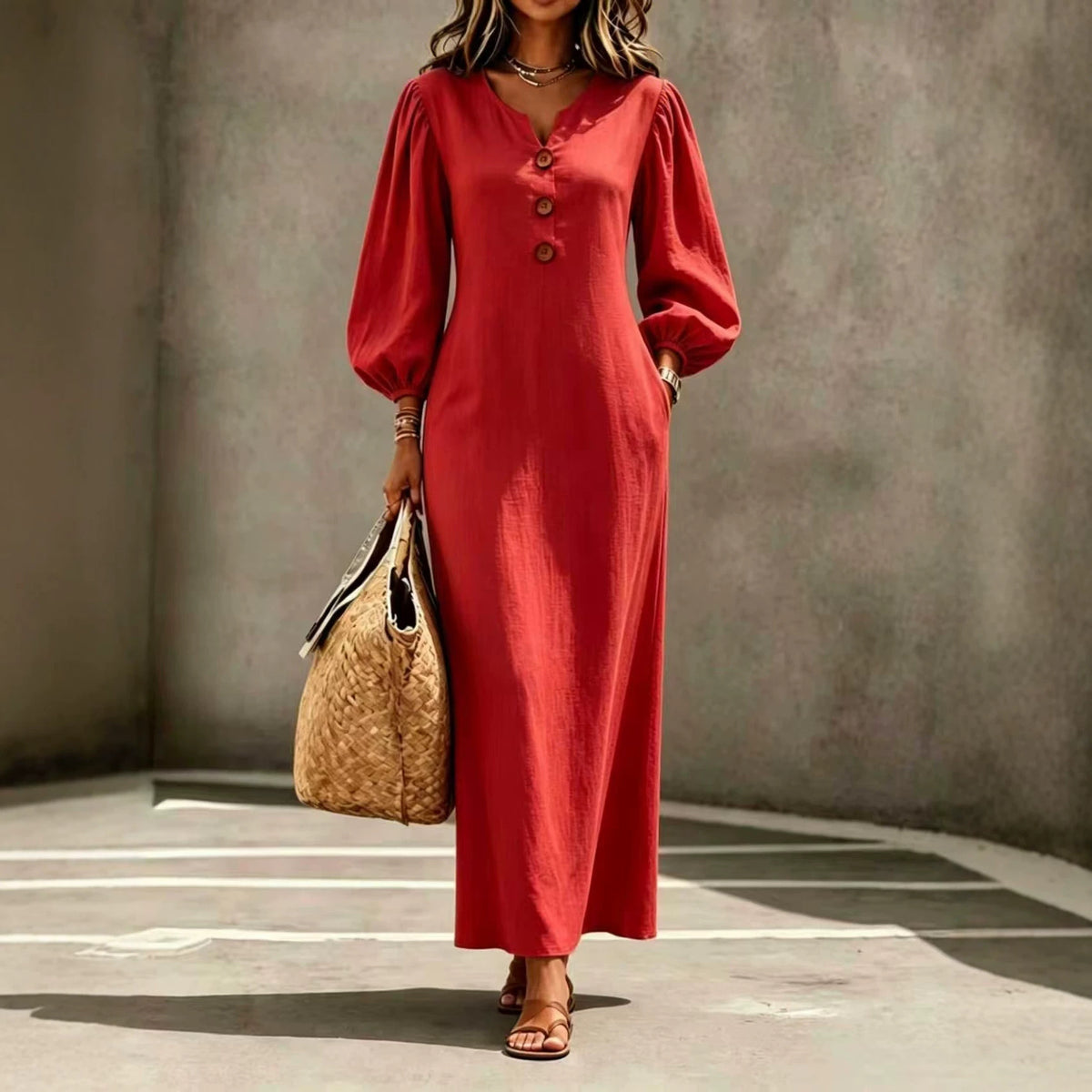 Casual V-neck Buttoned Long Dersses For Women Spring Summer Puff-sleeve A-line Dress For Daily Wear Vacation Outfits - Opxy Luxe