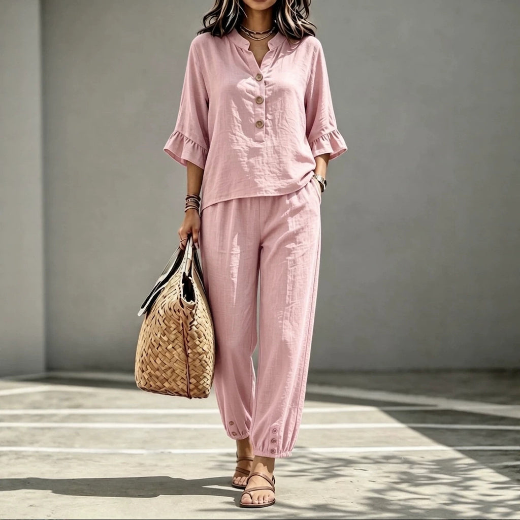 2pcs Set Women's Casual V-neck Collar Button Top Three-quarter-sleeve Top And Cropped Wide Leg Trousers Set Retro Female Office Suit - Opxy Luxe