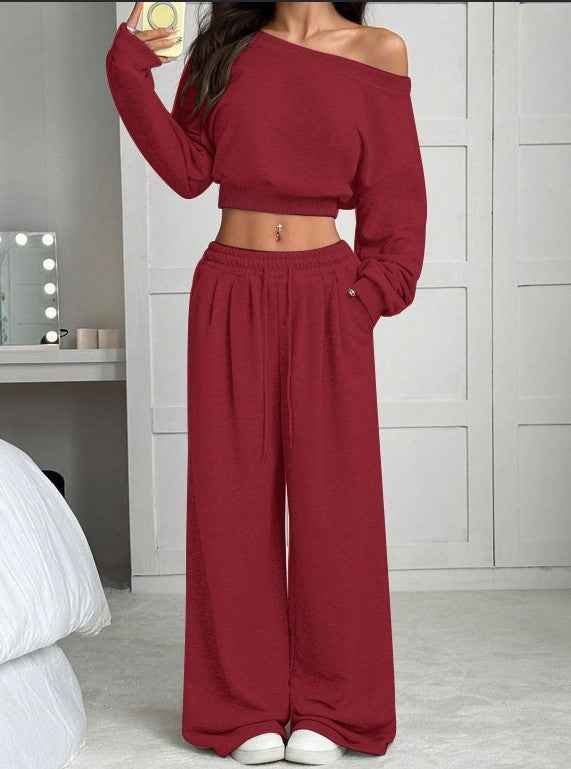 Casual 2-piece Set One-shoulder Long-sleeved Sweatshirt Women's Suit Autumn New Fashion Elastic Waist Tie Loose Sports Trousers