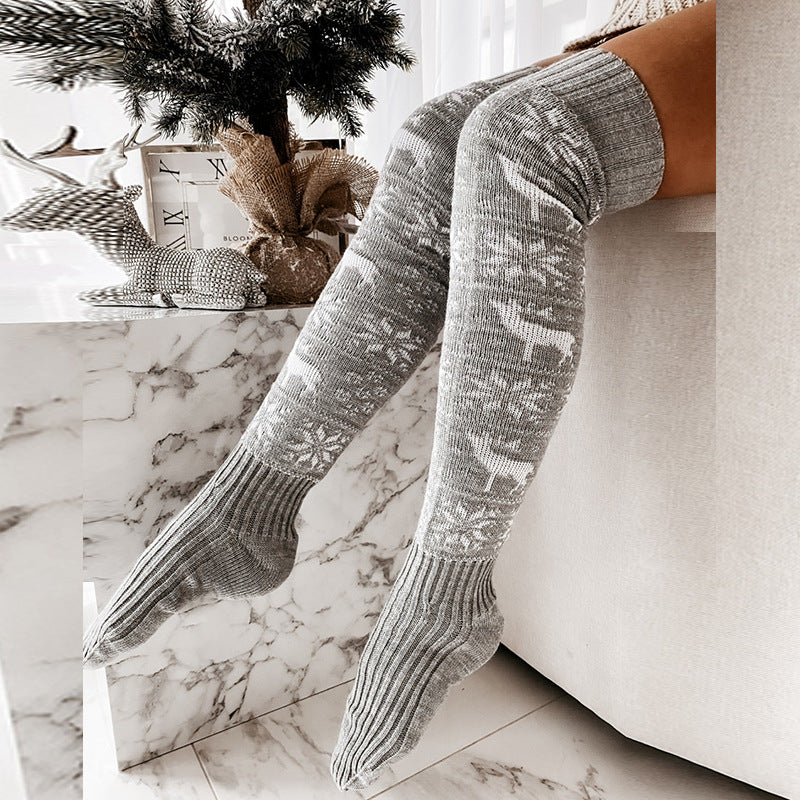 Winter Christmas Warm Knitted Women Stocking Beautiful Elk Snowflake Jacquard Over-the-knee Casual Long Socks For Ladies Gifts Free Size - Opxy Luxe