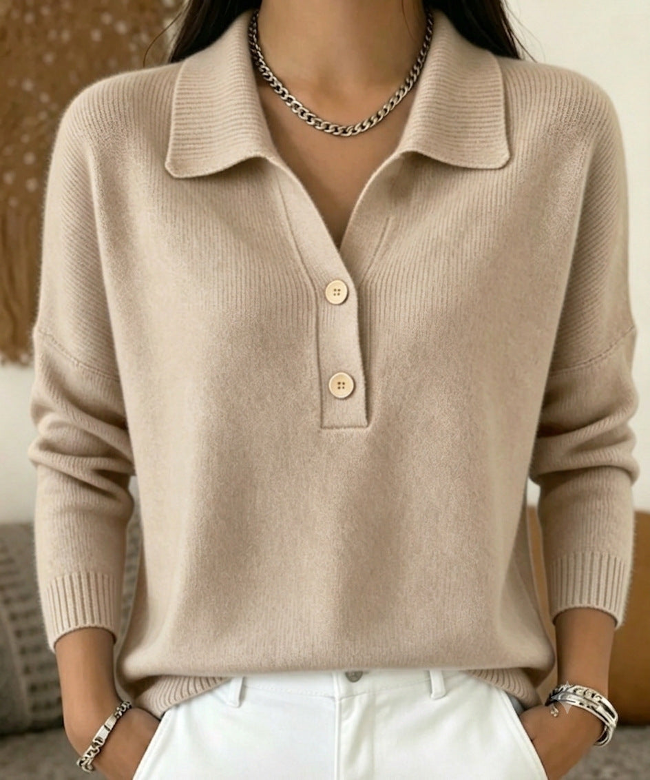 Women 's Polo Collar Knit Sweater Half Button V Neck Solid Color Loose Long Sleeve Elegant Trendy Casual Fall Winter Knit Top - Opxy Luxe