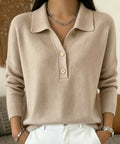 Women 's Polo Collar Knit Sweater Half Button V Neck Solid Color Loose Long Sleeve Elegant Trendy Casual Fall Winter Knit Top - Opxy Luxe
