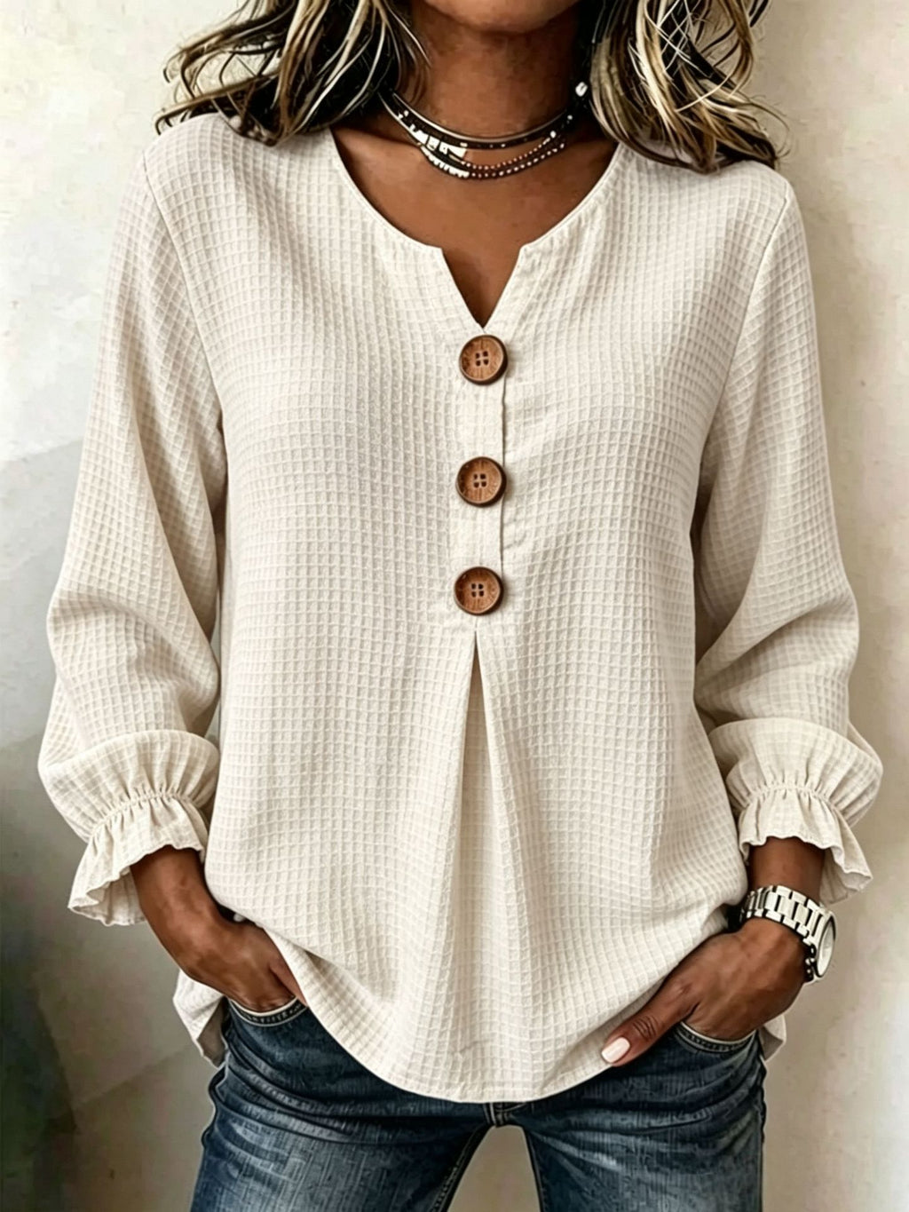 Casual Waffle V Neck Blouse Spring Autumn Women Wooden Button Ruffle Cuff Long Sleeve Loose Casual Tops - Opxy Luxe