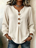 Casual Waffle V Neck Blouse Spring Autumn Women Wooden Button Ruffle Cuff Long Sleeve Loose Casual Tops - Opxy Luxe