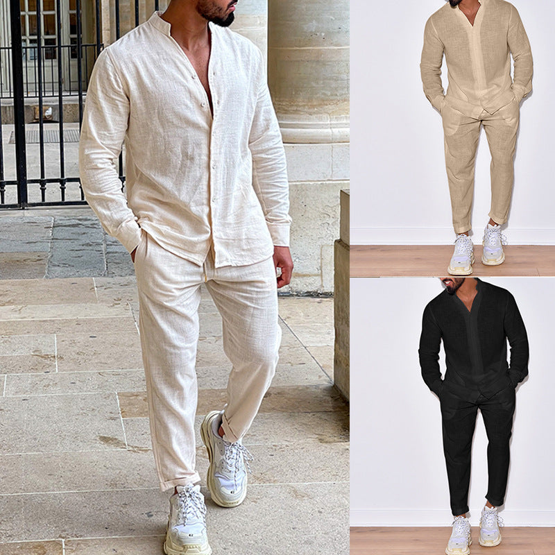 Men's Long Sleeve Suits Solid Color V-neck Pullover Tops And Straight Pants Casual Two Piece Set For Daily Wear Clothing - Opxy Luxe