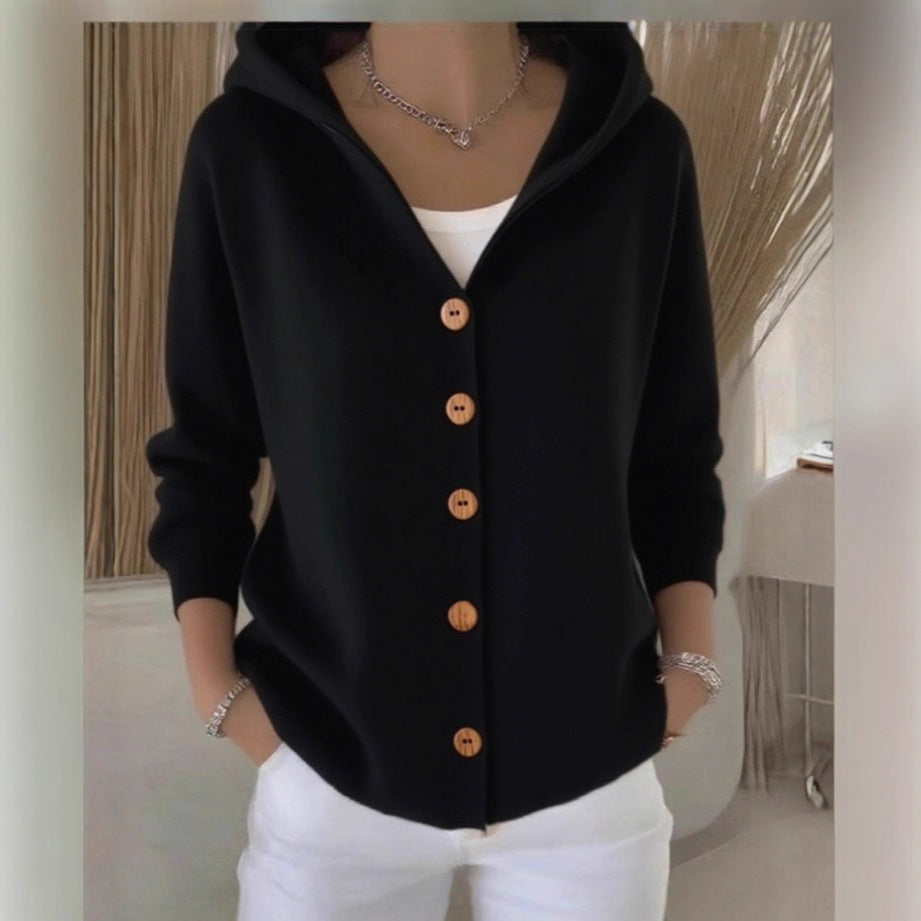 Ins Button Hooded Sweater Fashion Autumn And Winter Knitted Cardigan Casual Commuter Long Sleeve Top Women's Clothing - Opxy Luxe