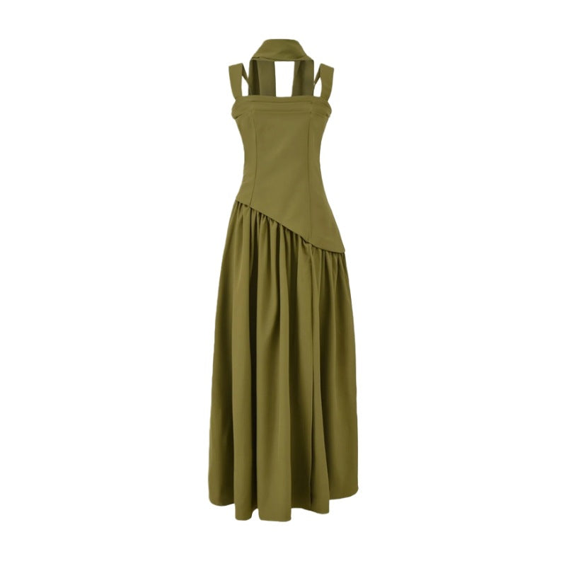 Elegant Olive Green Maxi Dress For Women Summer Flowy Long Dress With Scarf Birthday Party Beach Graduation Dress - Opxy Luxe