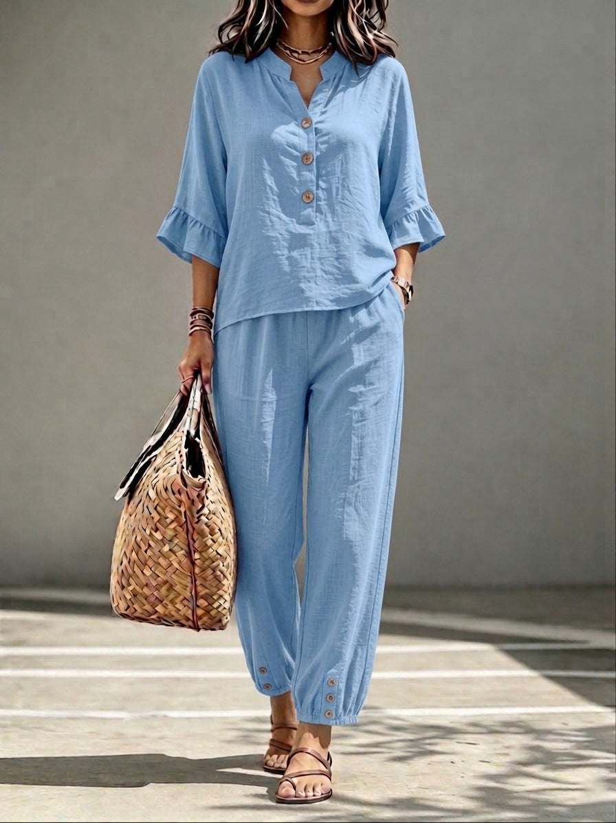2pcs Set Women's Casual V-neck Collar Button Top Three-quarter-sleeve Top And Cropped Wide Leg Trousers Set Retro Female Office Suit - Opxy Luxe