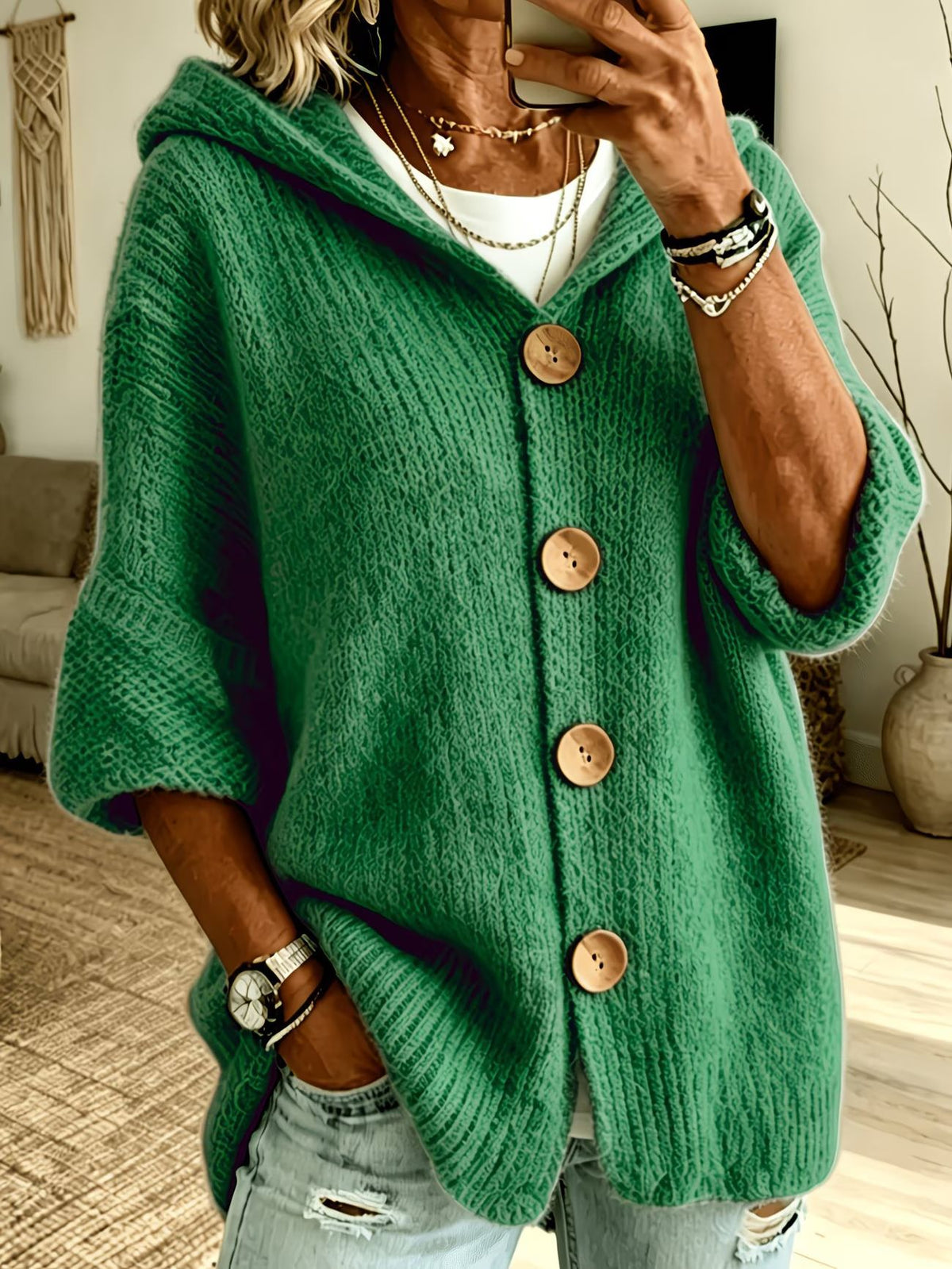 Women's Solid Color Hooded Cardigan Sweater Casual Long Sleeve Button Down Knit Top - Opxy Luxe