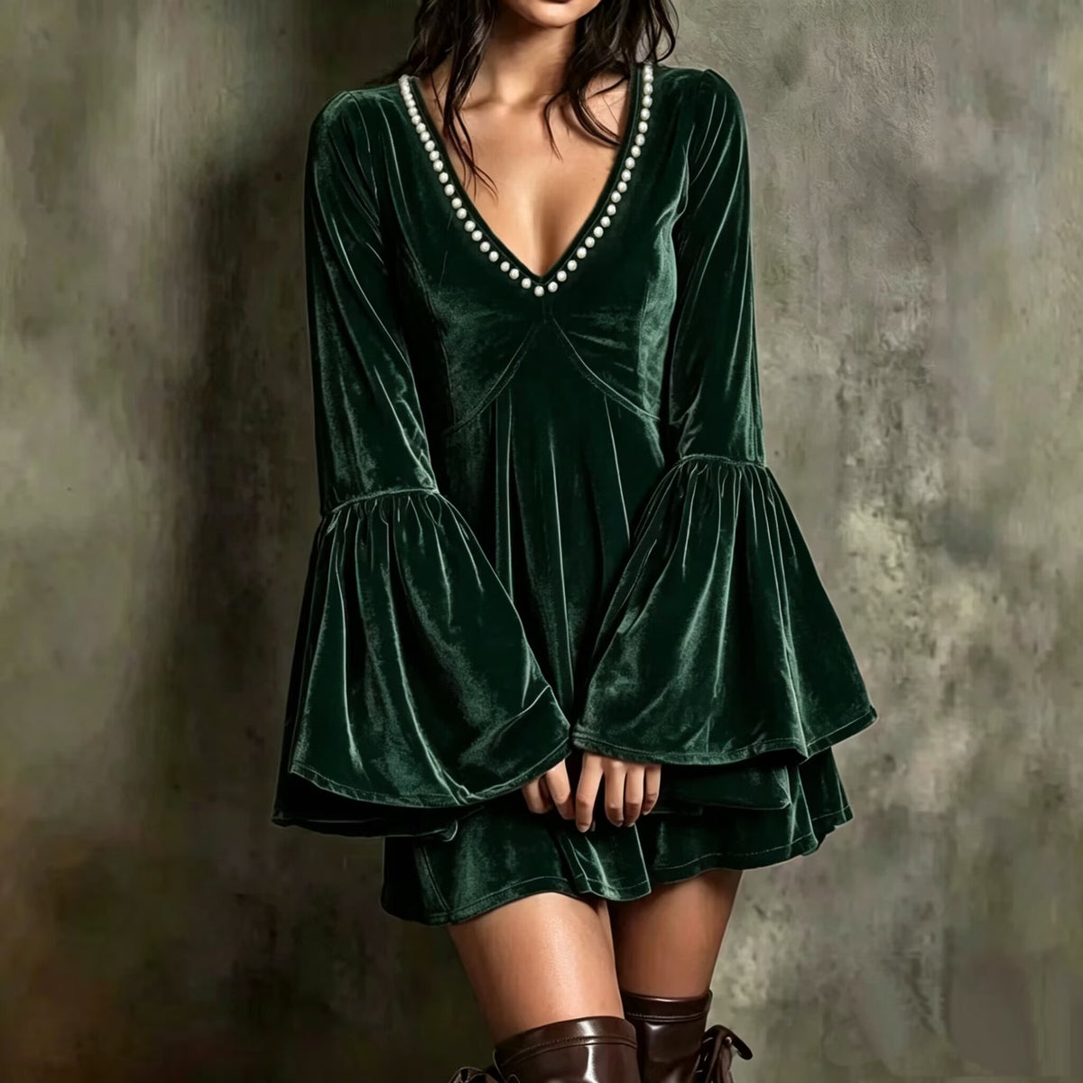 Elegant Solid Velvet Mini Dress Women Beaded V Neck Flare Sleeve Loose Flowy Hem Dress Autumn Casual Evening Tunic Party Dresses - Opxy Luxe